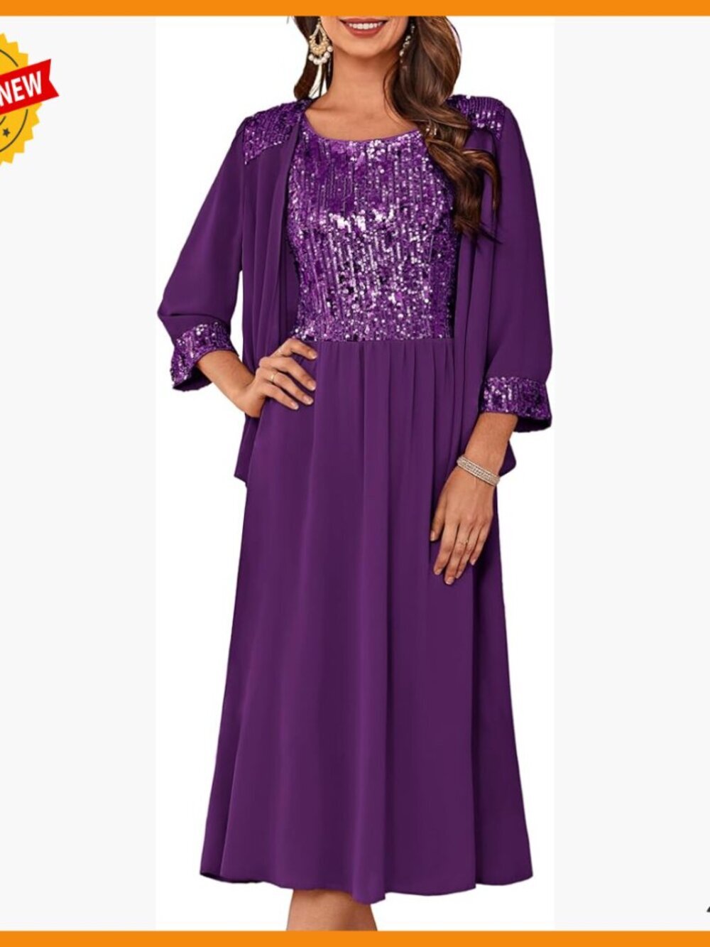 Two Piece Sequin Formal Dress with Jacket Tea Length Wedding Guest